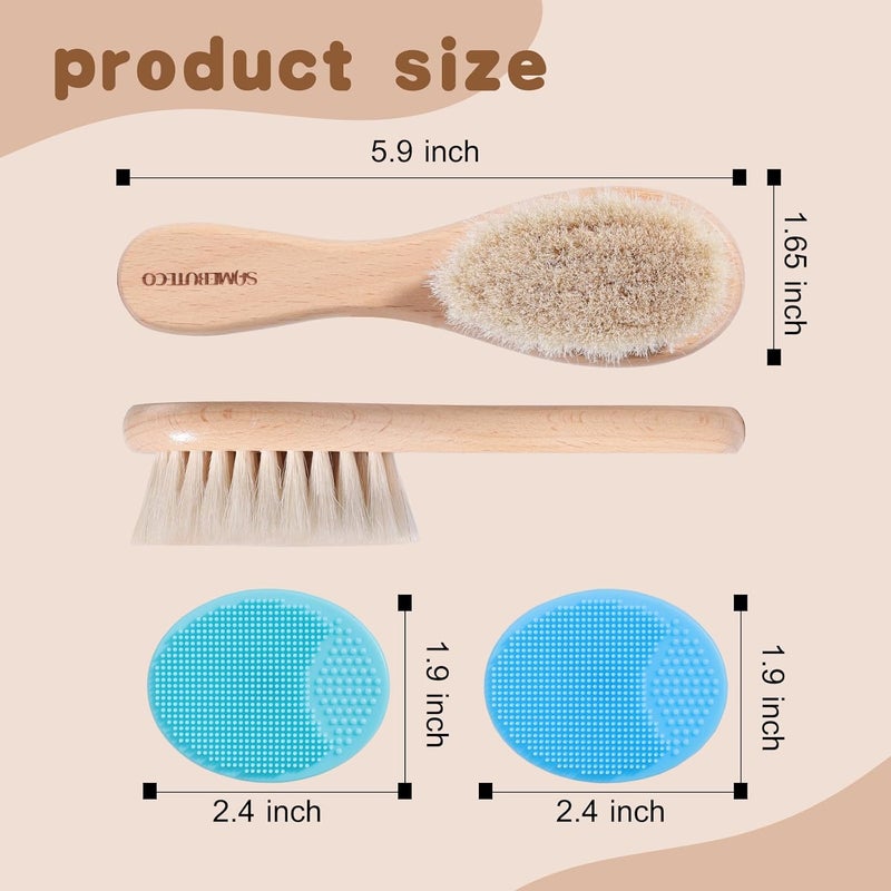 SAMEBUTECO Baby Hair Brush Set,3 in1 Kit,1 Pack Goat Hair Bristles Brush 2 Pieces Silicone Cradle Cap Brushes Wood Handle Newborn Brush for Newborns and Toddlers - Image 2